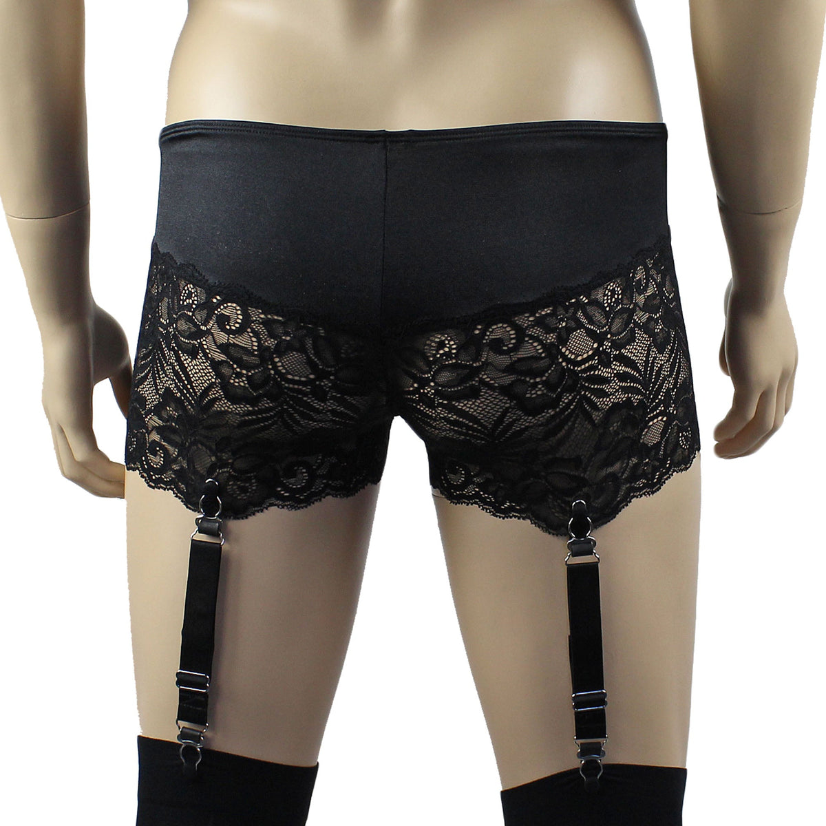 Mens Risque Bra Top, Boxer Briefs with Detachable Garters & Stockings Black & Black Lace