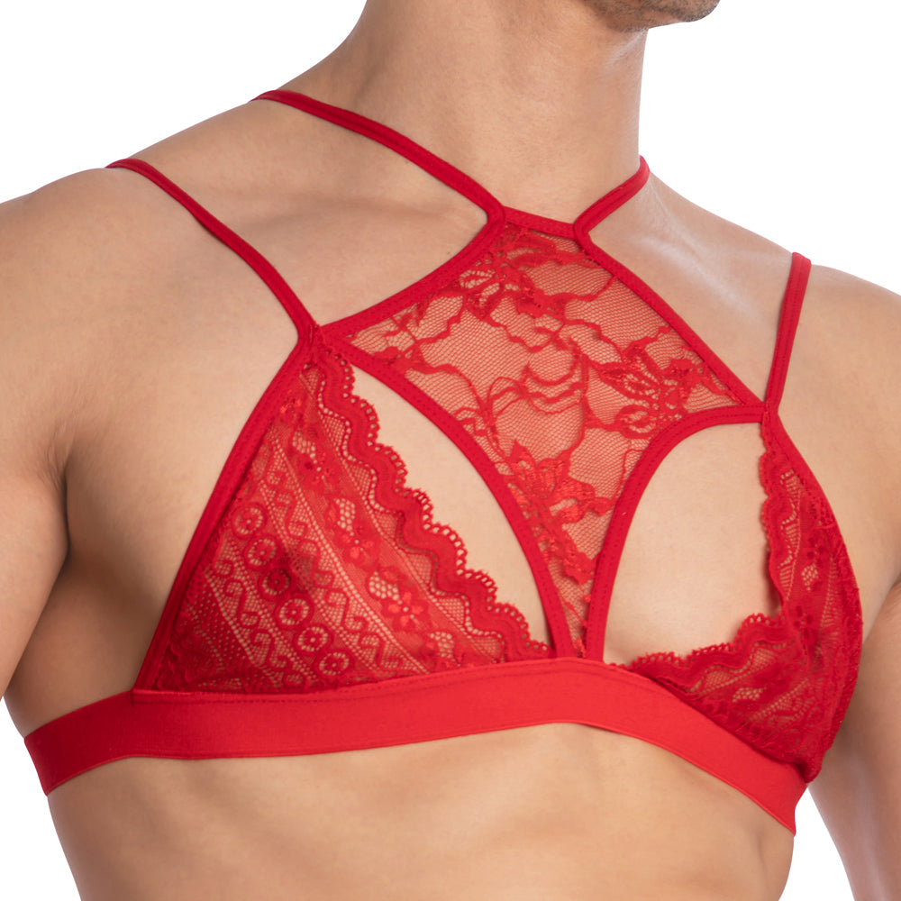 Secret Male SMA028 Floral See Through Chest Piece Bra Top for Men Red