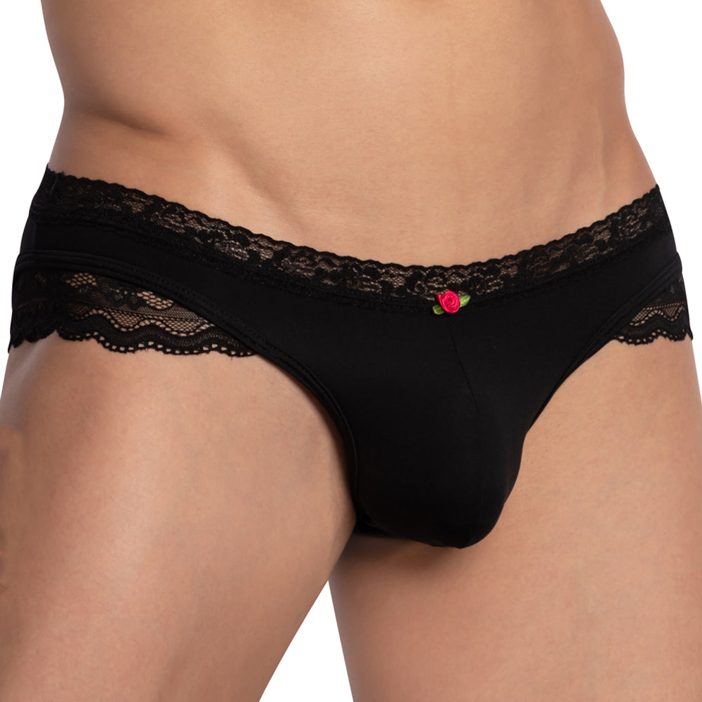 Secret Male SMI062 Lacy Sides Overlay Solid Bikini Mens Lingerie Black