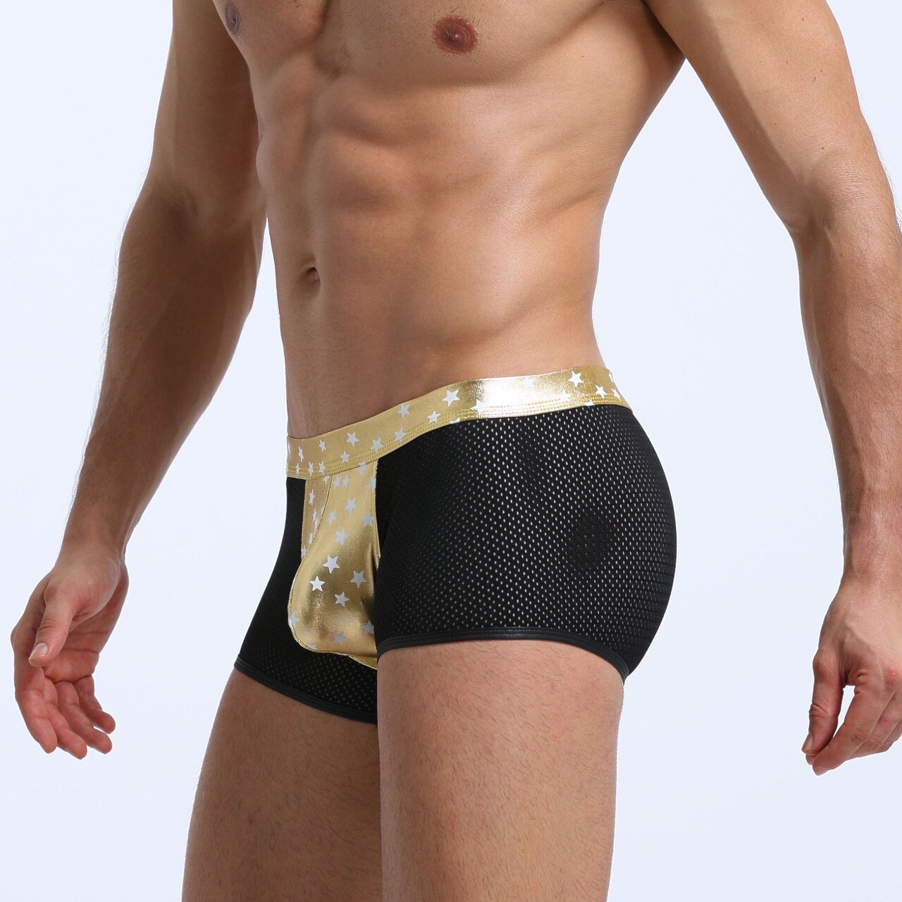 SALE - Mens Super Stars Shiny Metallic and Net Boxer Shorts Gold and Black