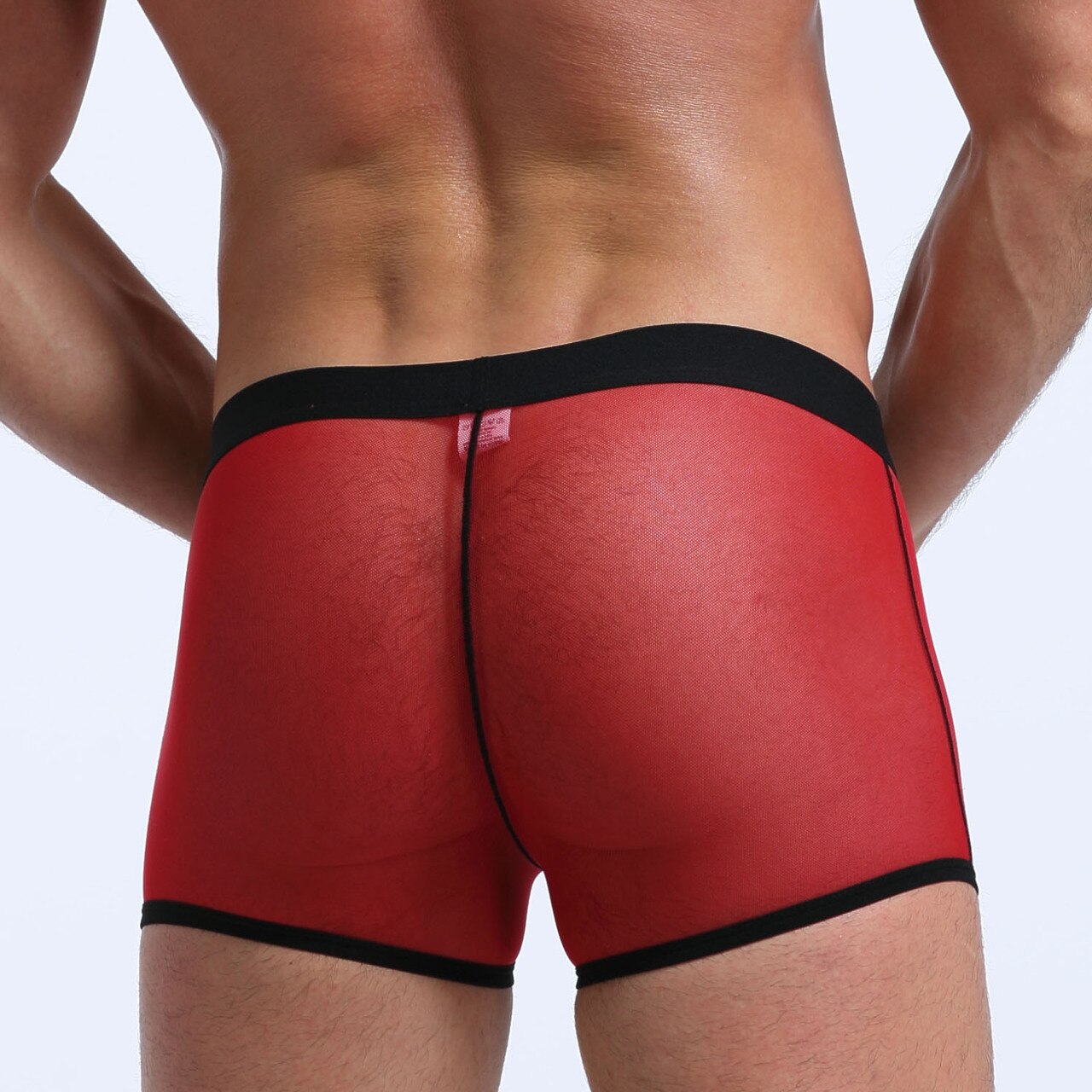 SALE - Mens Stretch Mesh Sheer Boxer Briefs with Pouch Front Red
