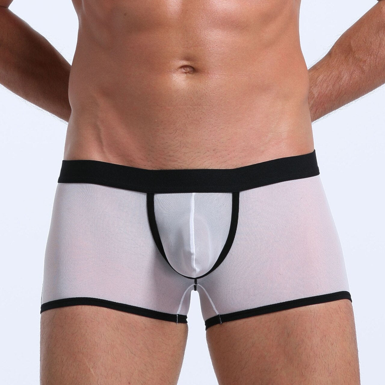 SALE - Mens Stretch Mesh Sheer Boxer Briefs with Pouch Front White