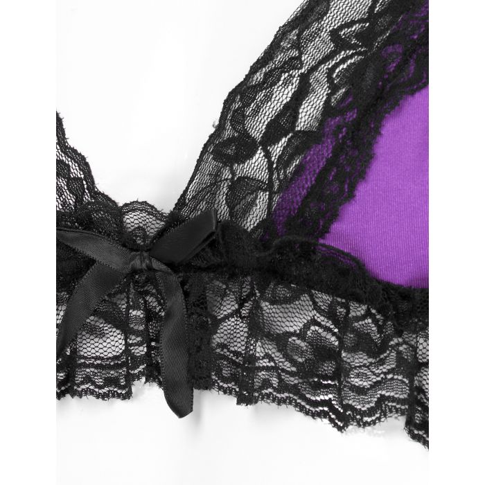 Sissy Lingerie Men Sleepwear Bra Top, G string and See-through Mini Skirt Purple
