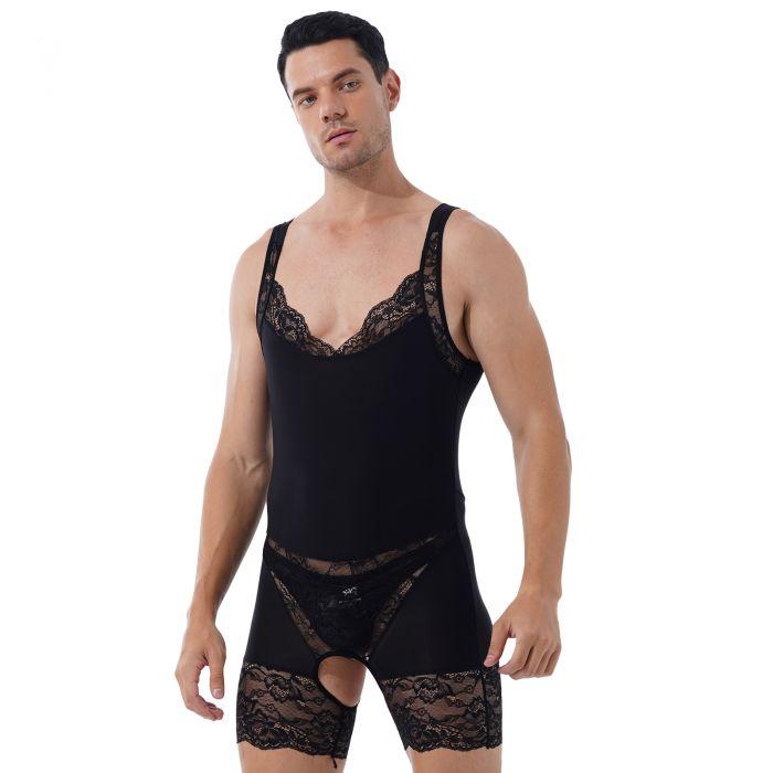 Mens Sexy Lace & Sheer Scoop Neck Bodysuit