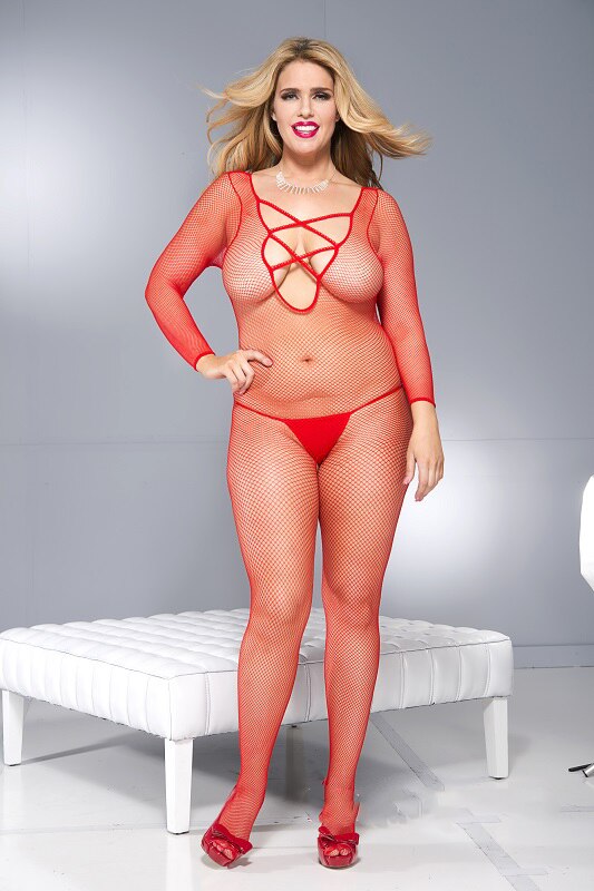 Unisex Fishnet Bodystocking with Long Sleeves Red