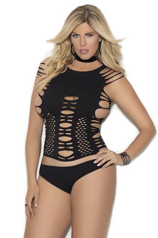 SALE - Stretch Spandex Cut Out Top and Thong Black