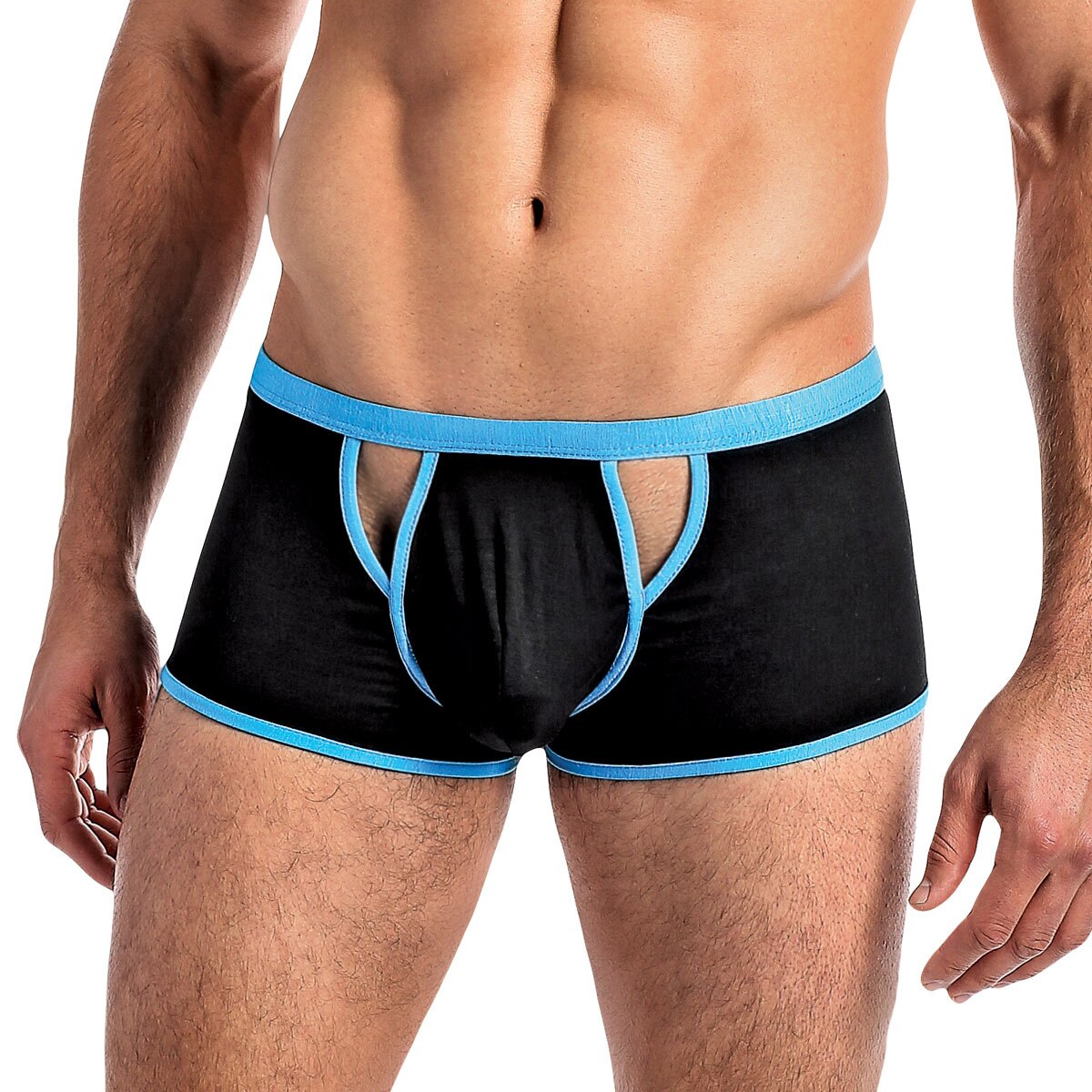 Mens Male Power Cut Out Boxer Brief Black and Turquoise