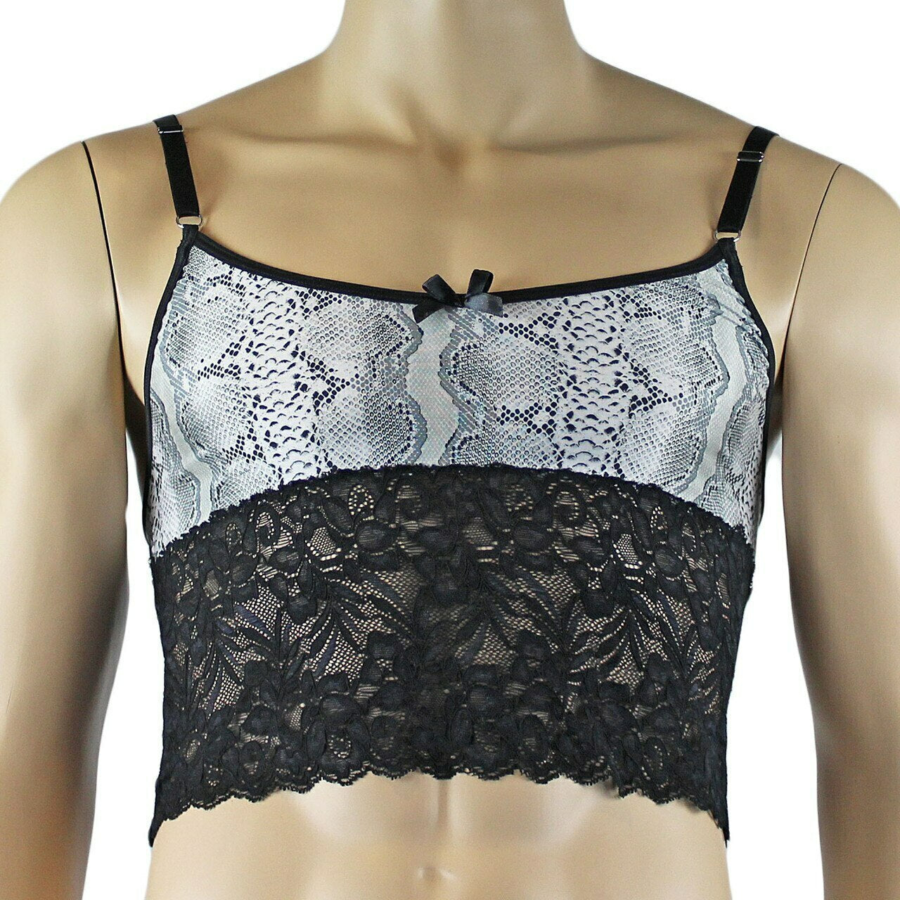 Mens Bra Top Camisole and Brief in Grey Snake Print & Black Lace