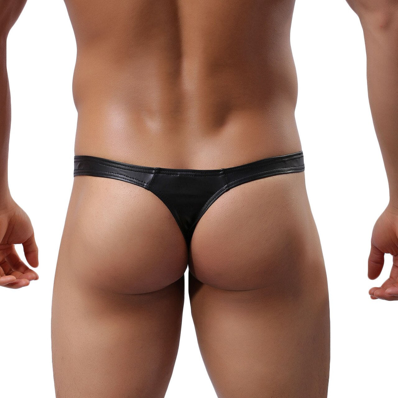 Mens Wetlook Low Waist Thong with Pouch Front Black