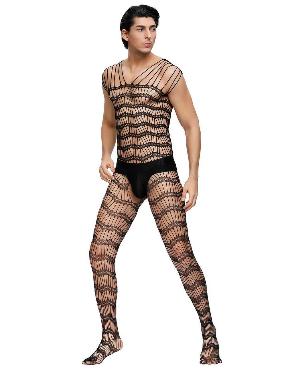 Mens Bodystocking Sheer Open Net with Strappy Shoulders
