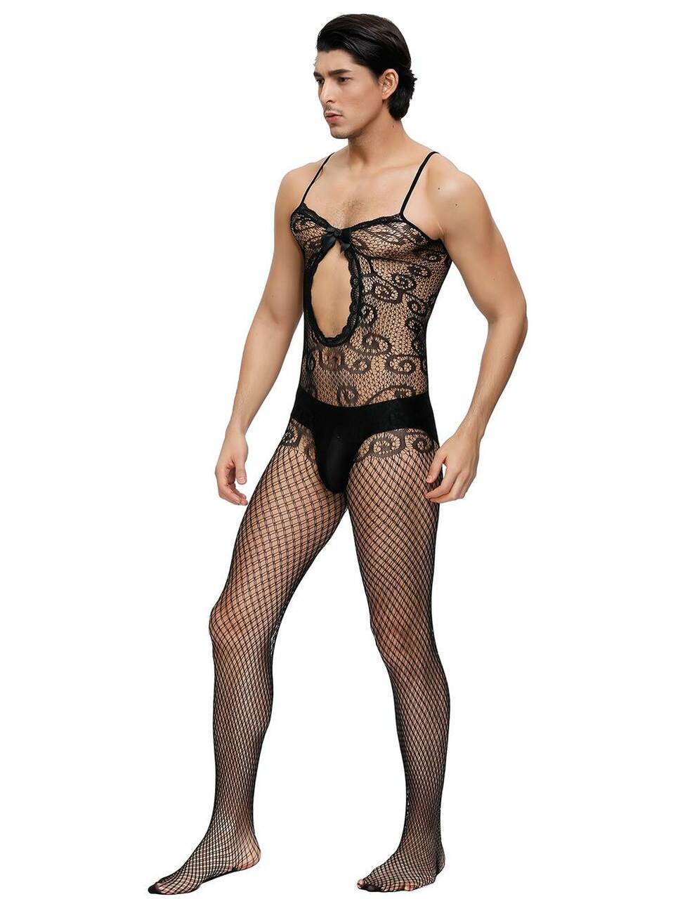 Mens Lingerie Crocheted Fishnet Bodystocking with Keyhole Front Black