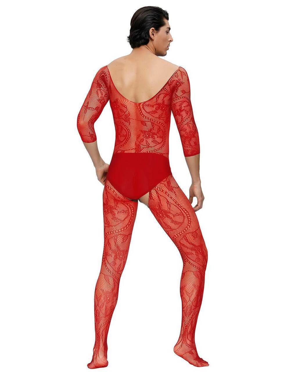 Mens Lingerie Floral Swirl Bodystocking with Sleeves Red