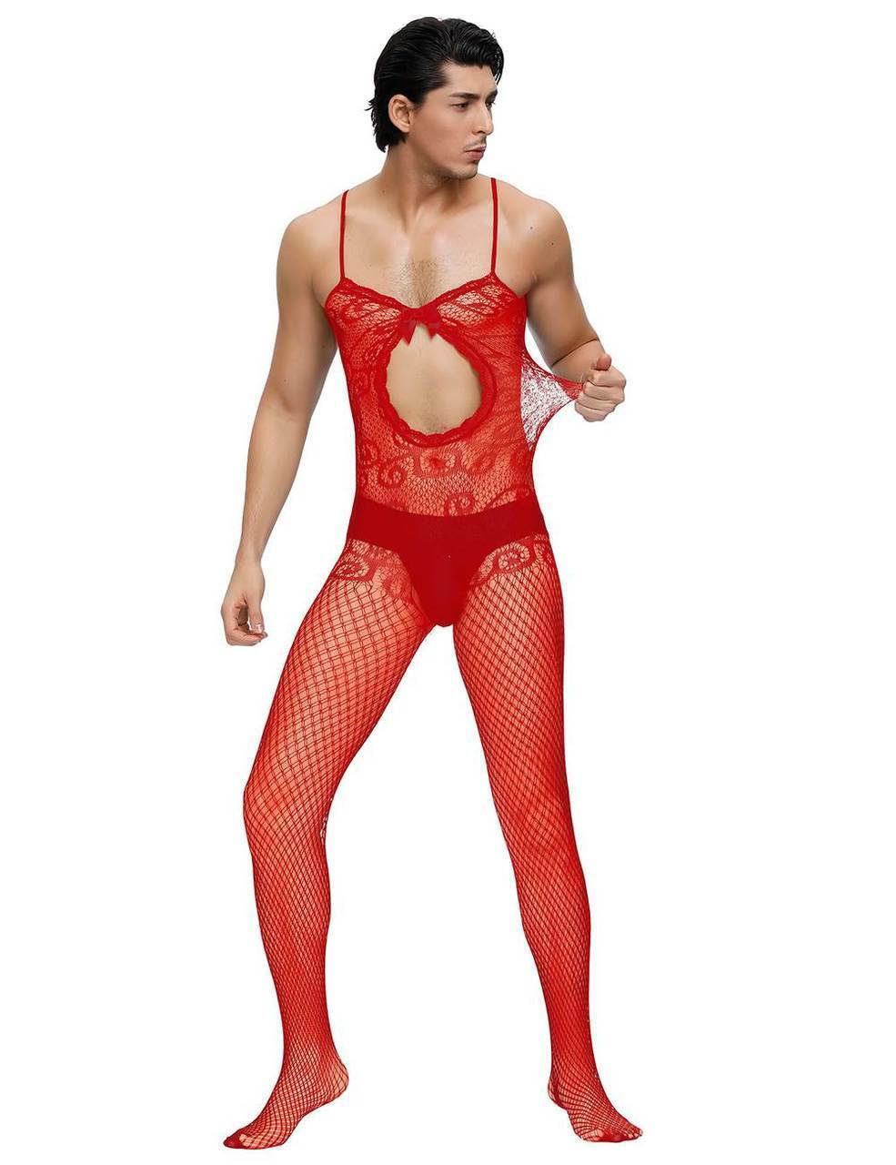 Mens Lingerie Crocheted Fishnet Bodystocking with Keyhole Front Red
