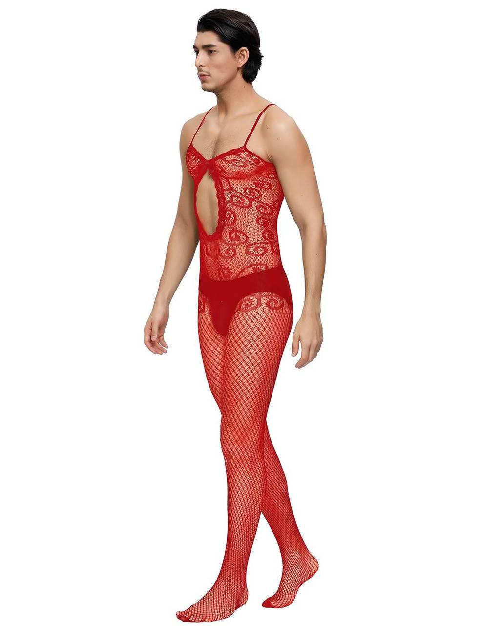 Mens Lingerie Crocheted Fishnet Bodystocking with Keyhole Front Red