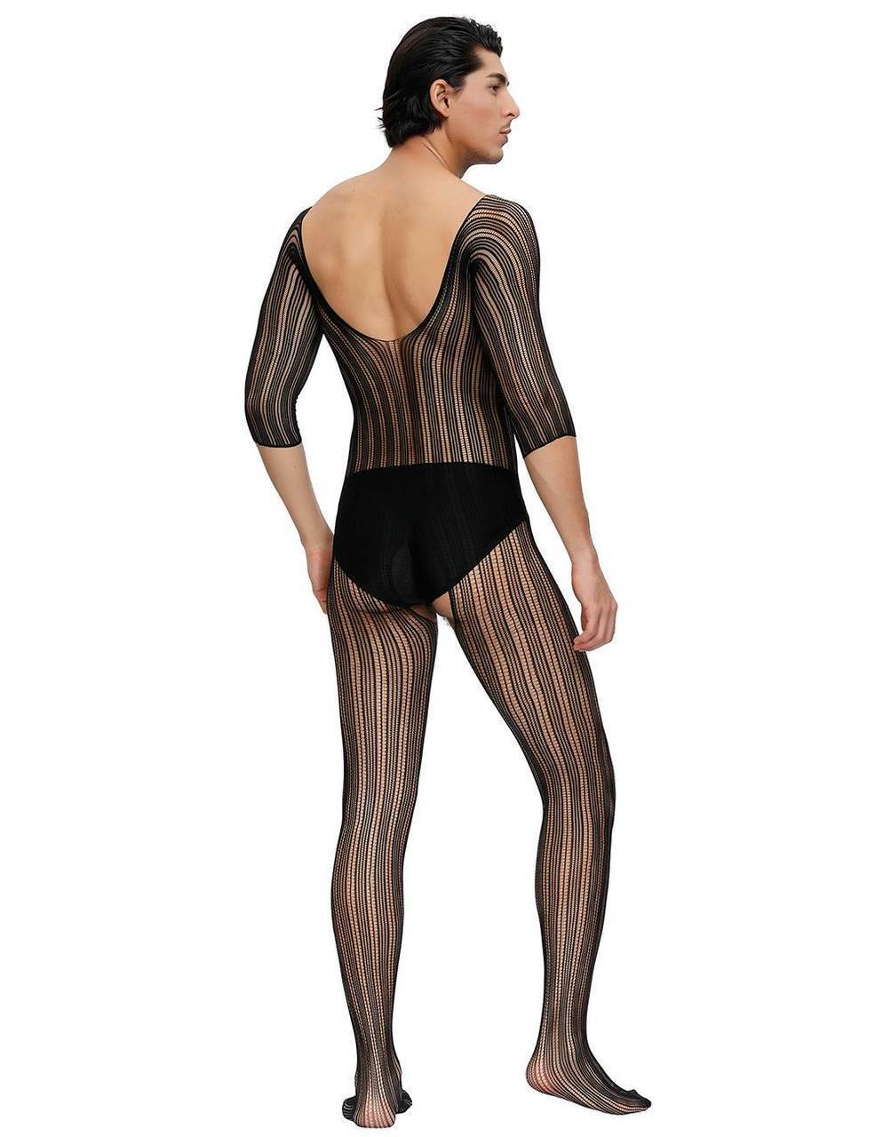 Mens Stretch Pinstripe Fishnet Bodystocking with Sleeves