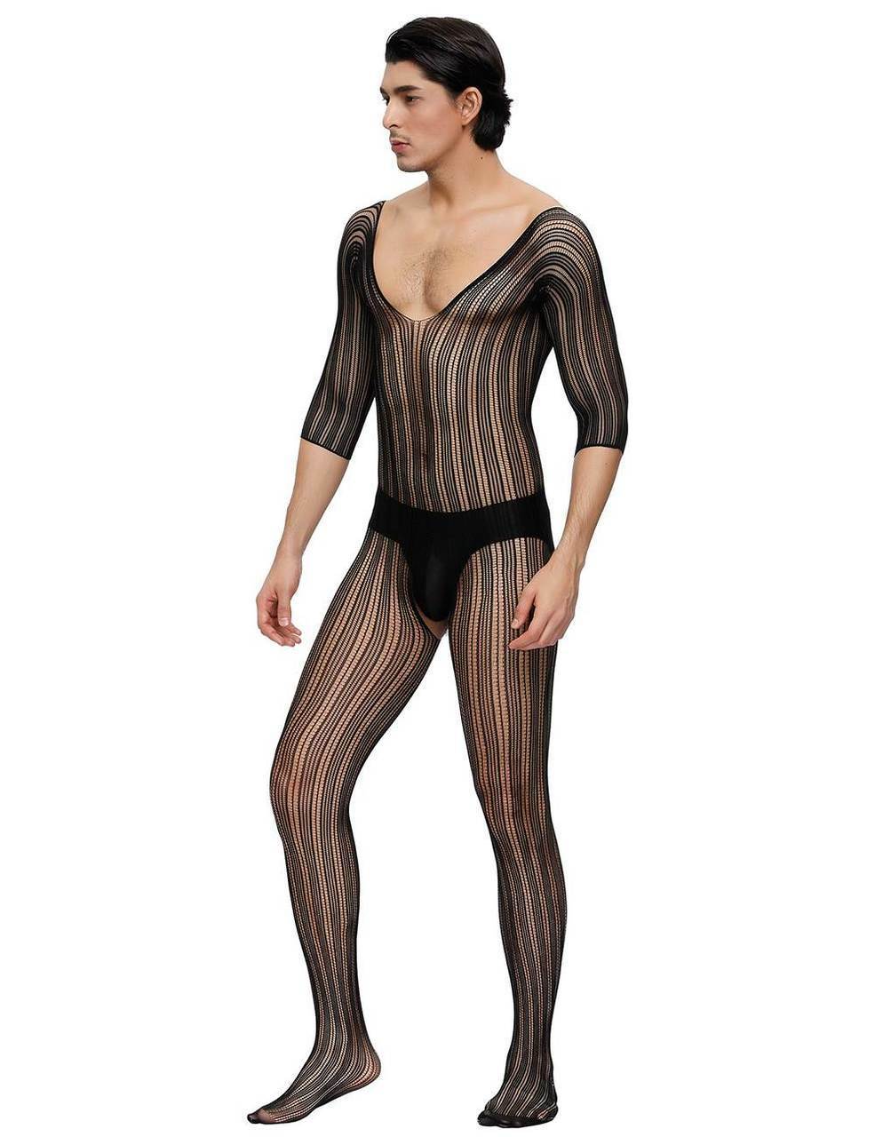 Mens Stretch Pinstripe Fishnet Bodystocking with Sleeves
