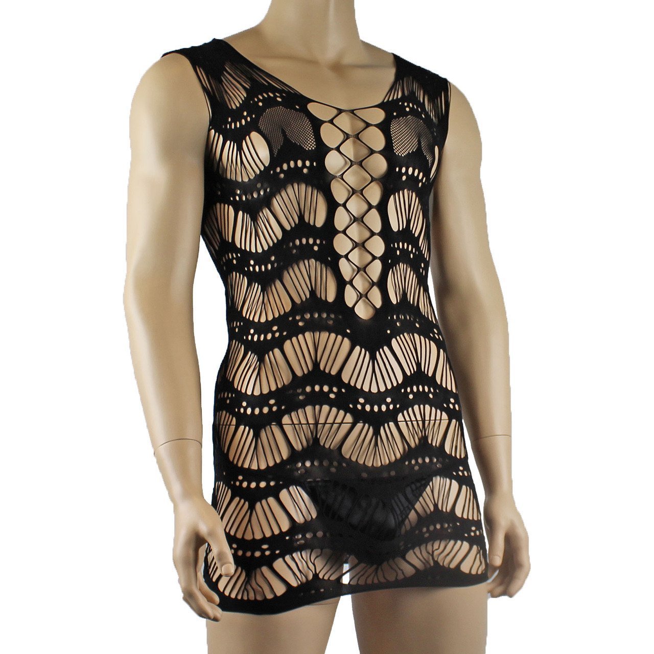 Unisex Stretch Micro Mini Dress Chemise with Strappy Detail Black