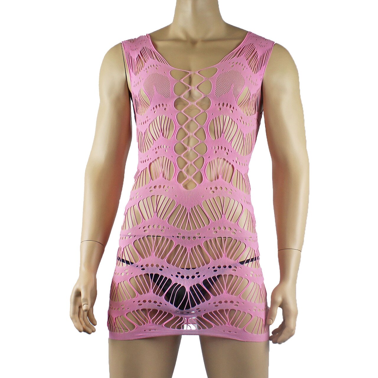 Unisex Stretch Micro Mini Dress Chemise with Strappy Detail Pink