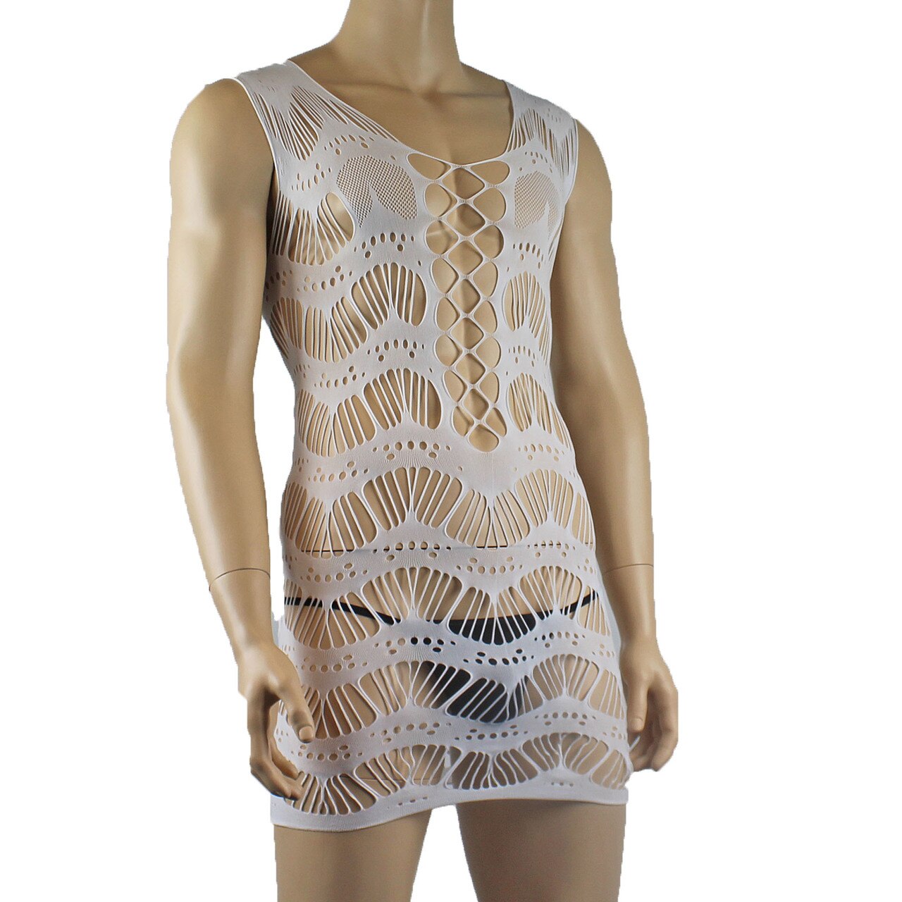 Unisex Stretch Micro Mini Dress Chemise with Strappy Detail White