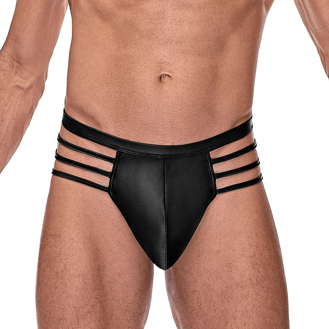Mens Male Power Matt Wetlook Thong with Strapped Cutouts Black