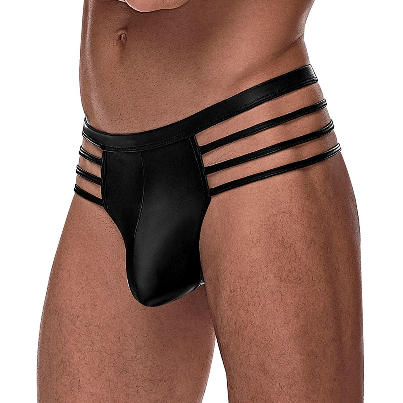 Mens Male Power Matt Wetlook Thong with Strapped Cutouts Black