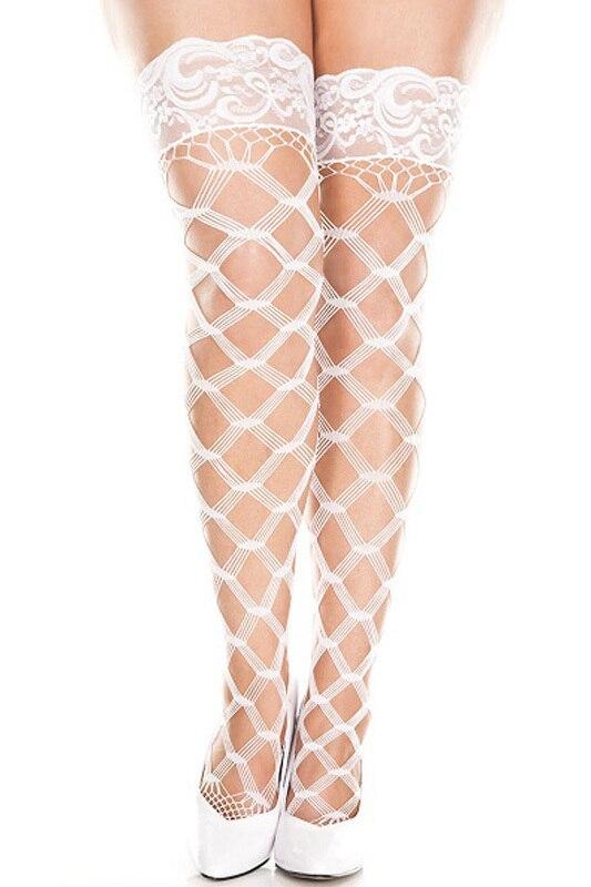 Unisex Large Fence Net Stockings with Lace Top White