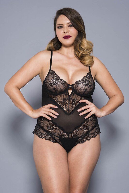 Flower Lace and Mesh Teddy with Underwire Cups Black