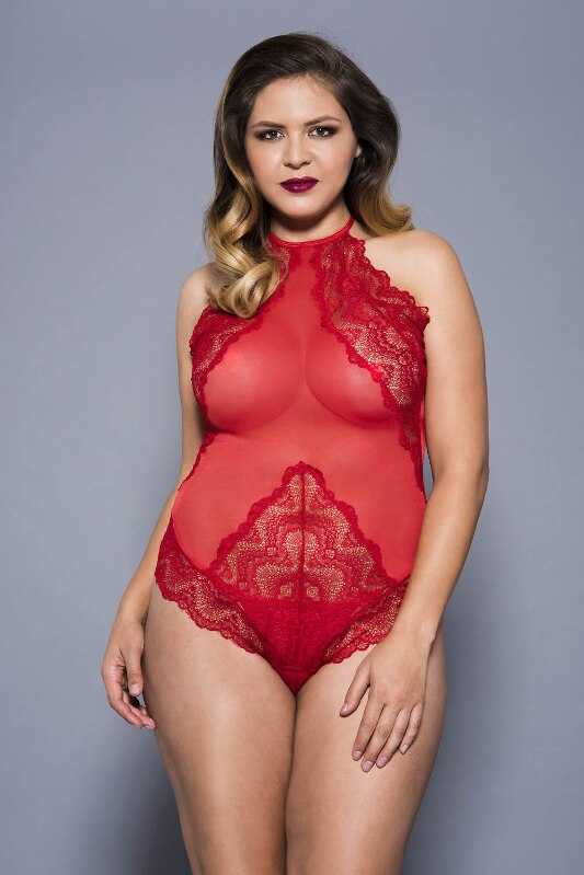 Flower Lace and Sheer Mesh Teddy with Bikini Back Red
