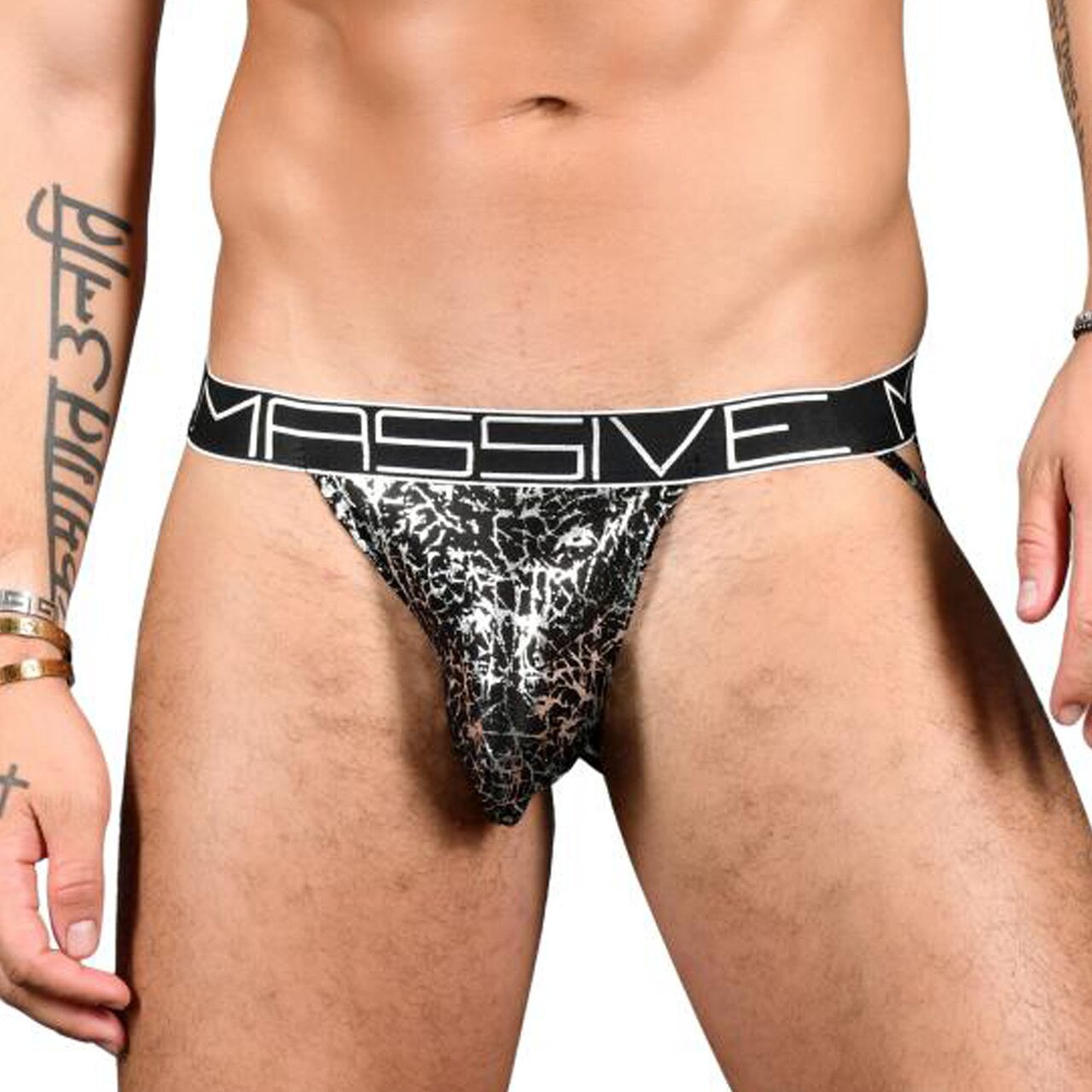 Mens Andrew Christian Massive Crackle Triad Thong Black and Silver
