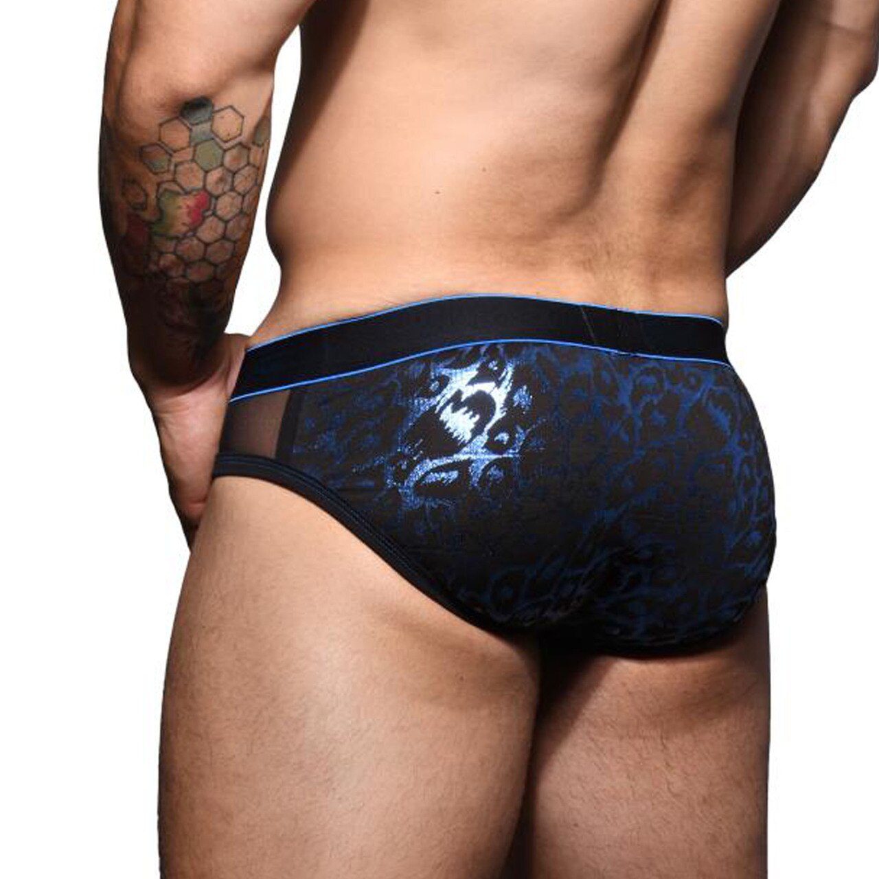 Mens Andrew Christian Massive Night Leopard Sheer Brief Black and Blue