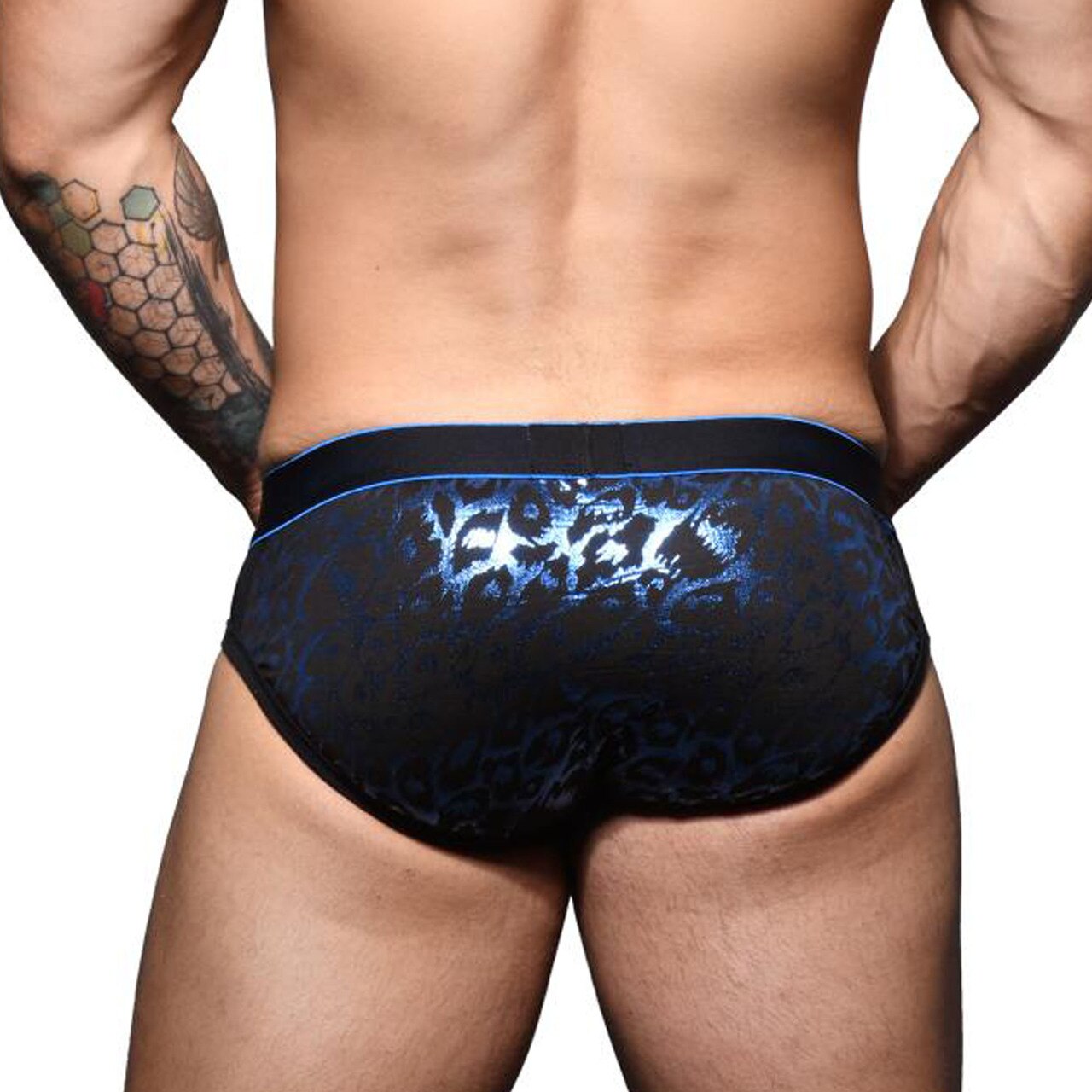 Mens Andrew Christian Massive Night Leopard Sheer Brief Black and Blue