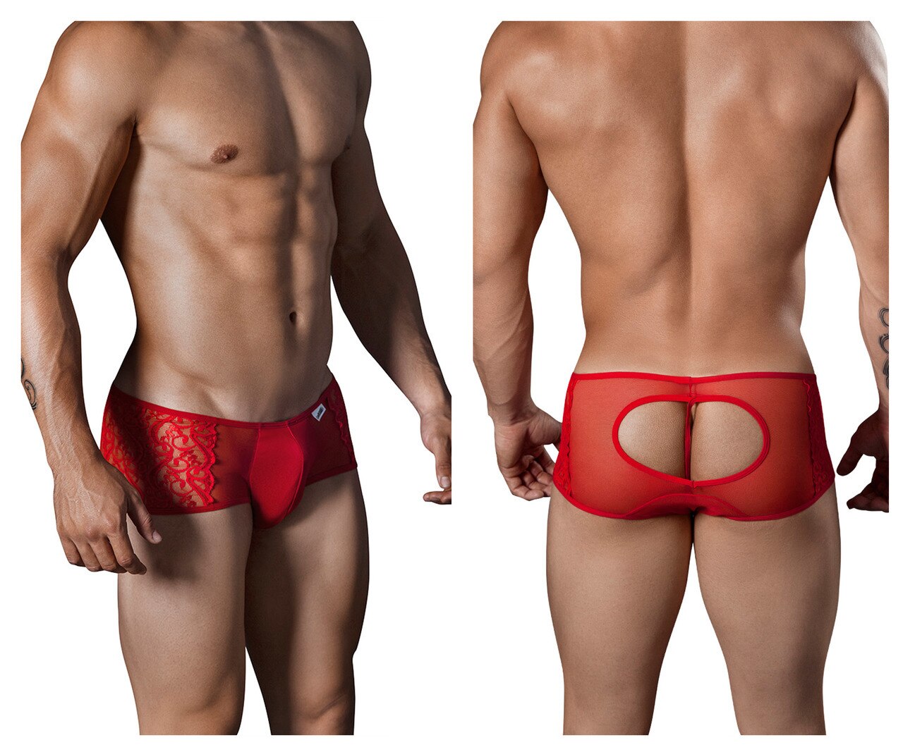 Mens Lace and Sheer Open Back Boxer Briefs Red