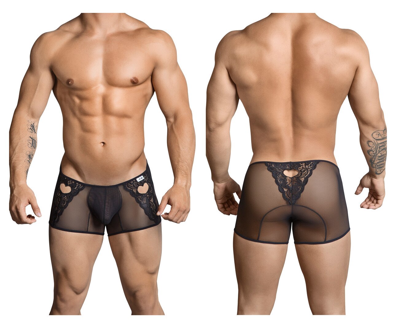 Mens Sheer and Lace Heart Boxer Briefs Black