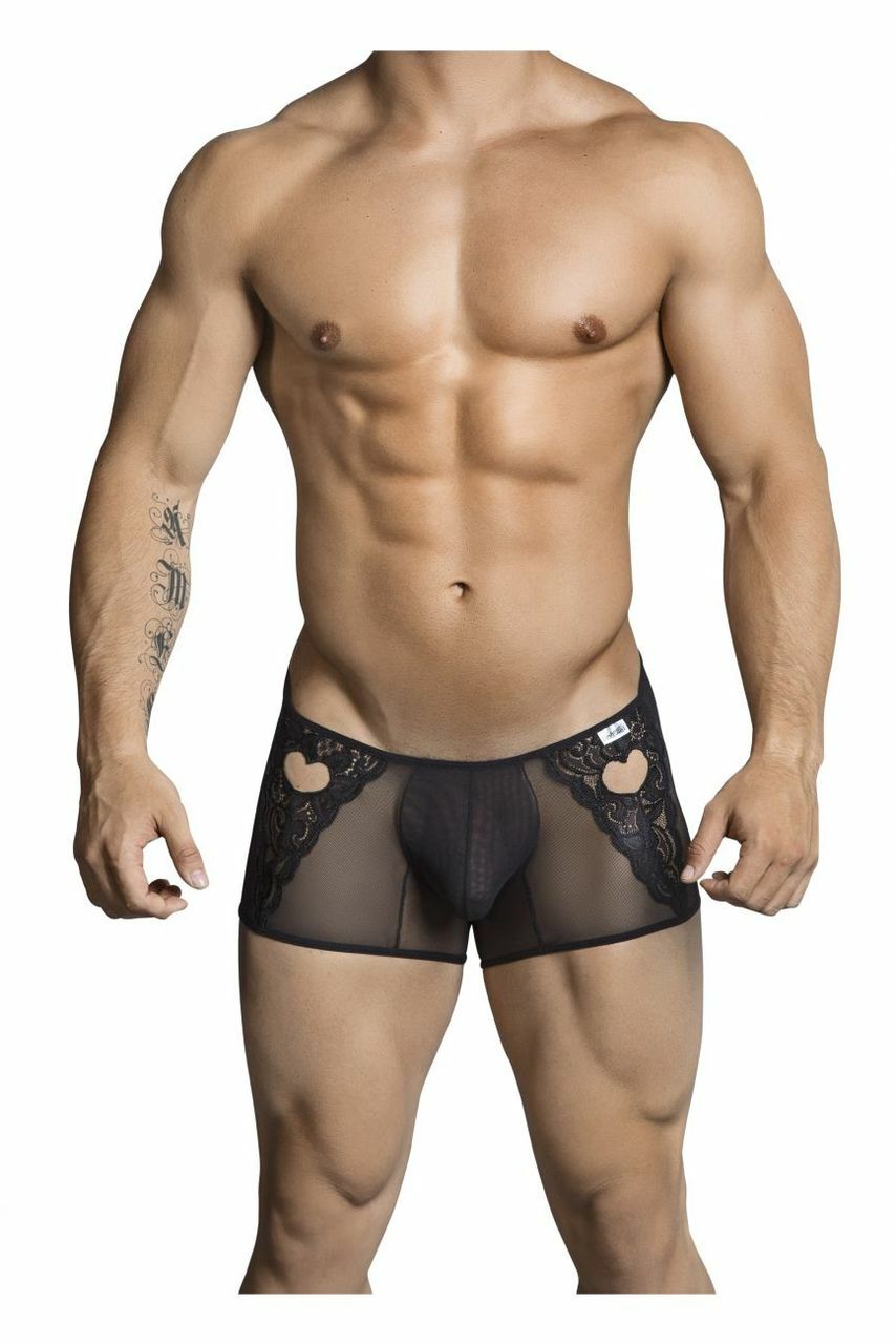 Mens Sheer and Lace Heart Boxer Briefs Black