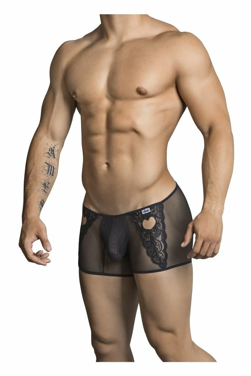 Mens Sheer and Lace Heart Boxer Briefs Black
