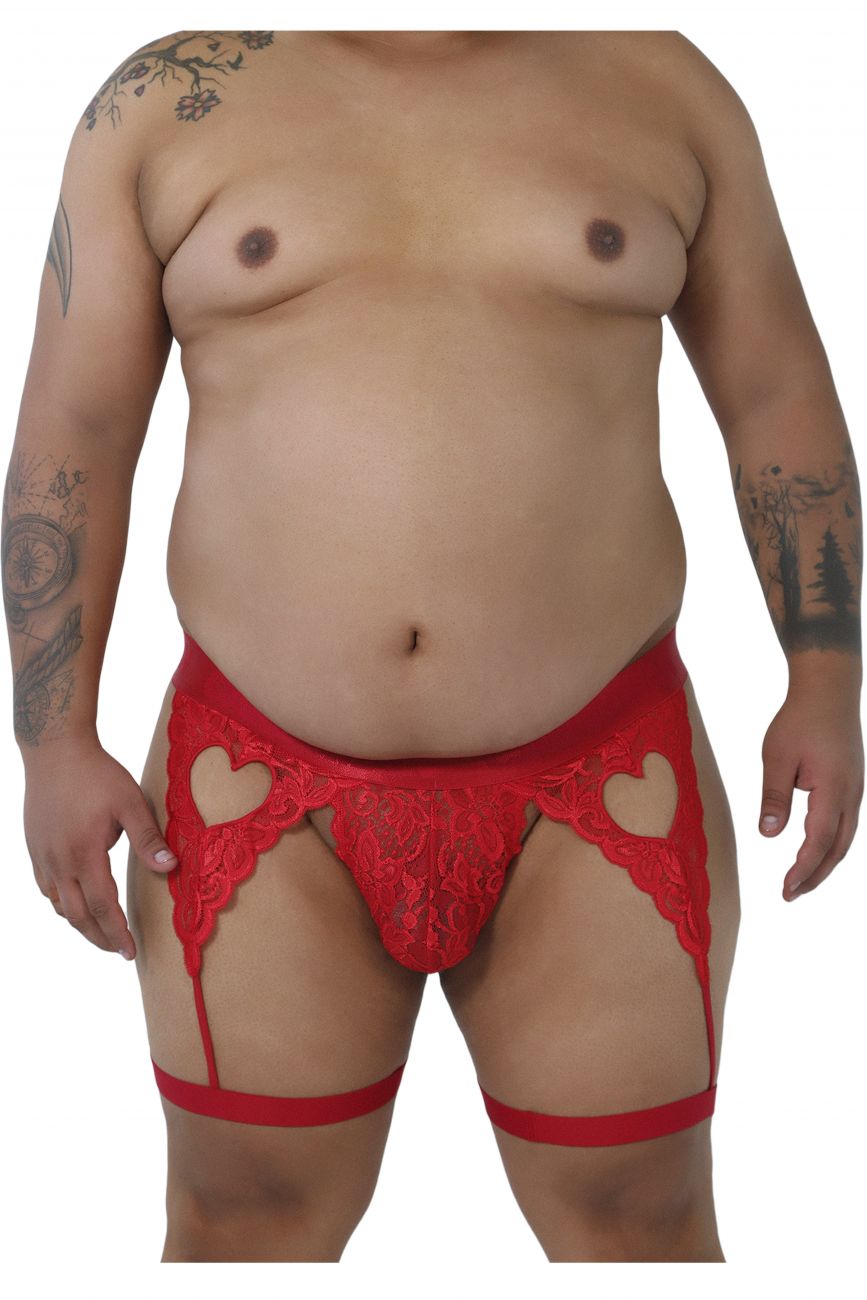 CandyMan 99310X Lace Garter Thong Red Plus Sizes