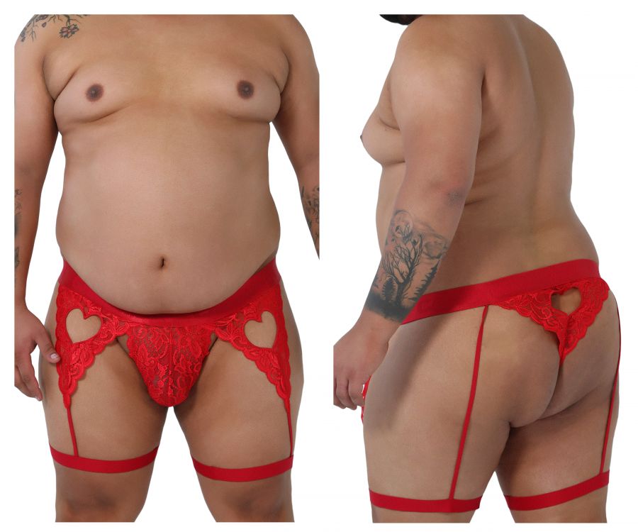 CandyMan 99310X Lace Garter Thong Red Plus Sizes