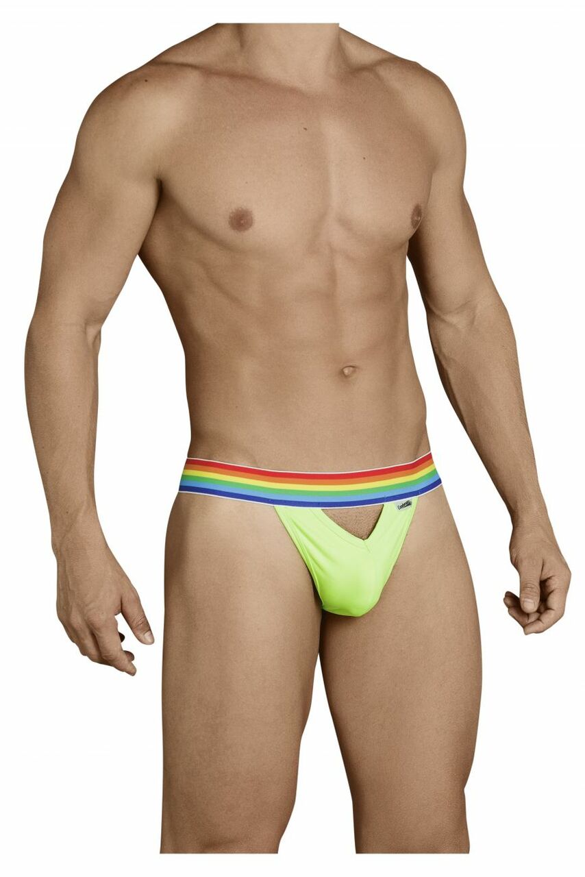 Mens G string with Gay Pride Rainbow Waist Green