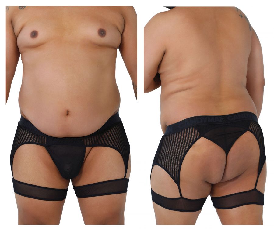 CandyMan 99403X Stripes Garterbelt Thongs Black Plus Sizes