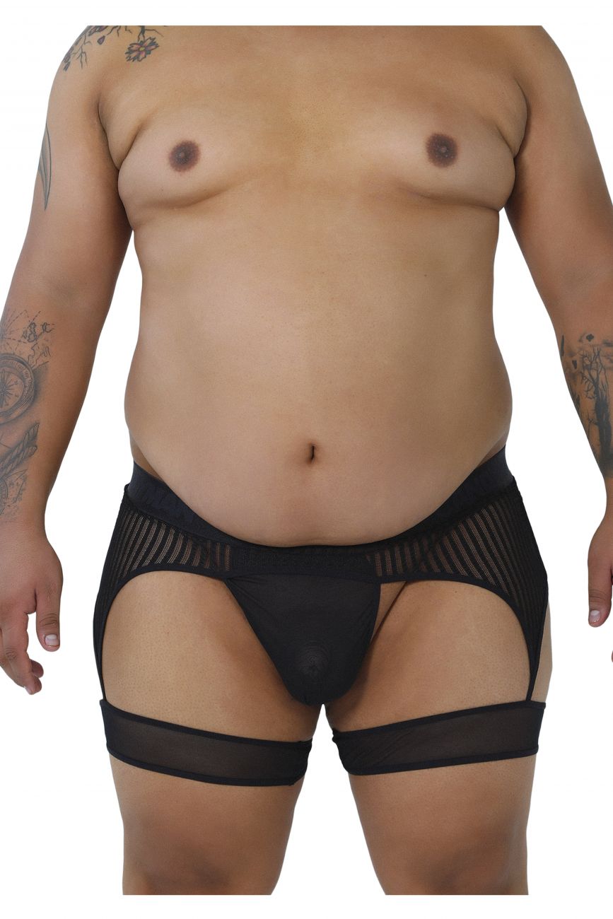CandyMan 99403X Stripes Garterbelt Thongs Black Plus Sizes
