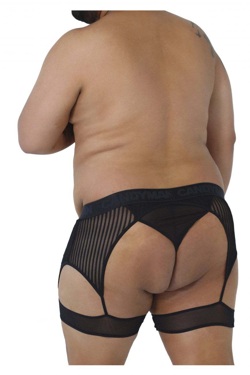 CandyMan 99403X Stripes Garterbelt Thongs Black Plus Sizes