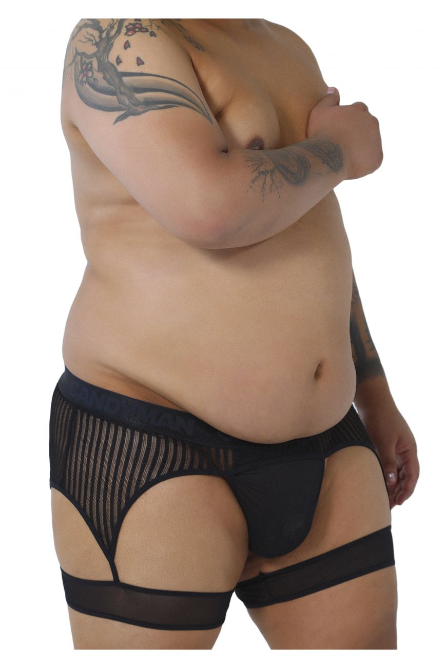 CandyMan 99403X Stripes Garterbelt Thongs Black Plus Sizes