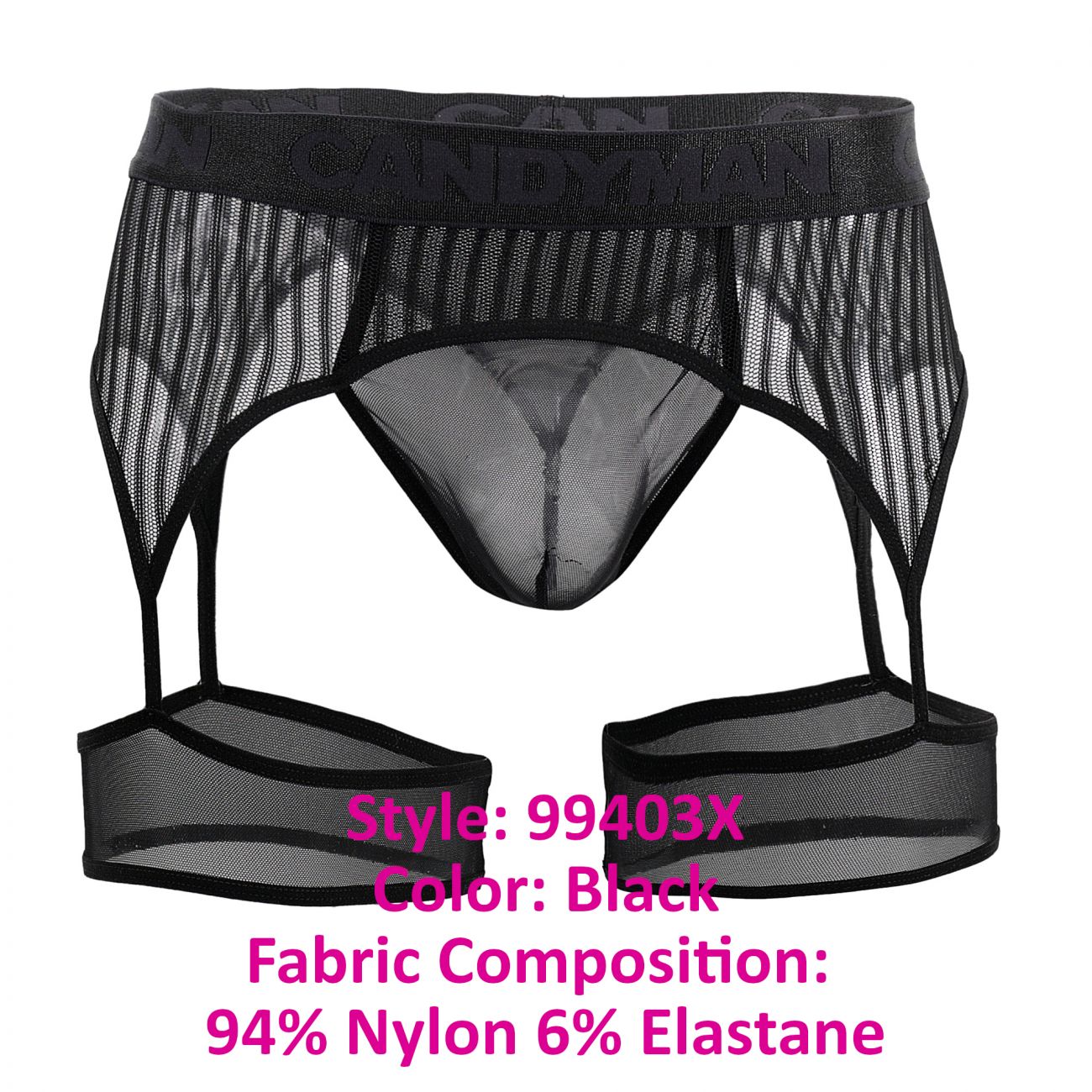 CandyMan 99403X Stripes Garterbelt Thongs Black Plus Sizes