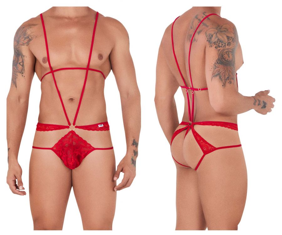 CandyMan 99523 Lace Bodysuit Jockstrap Red