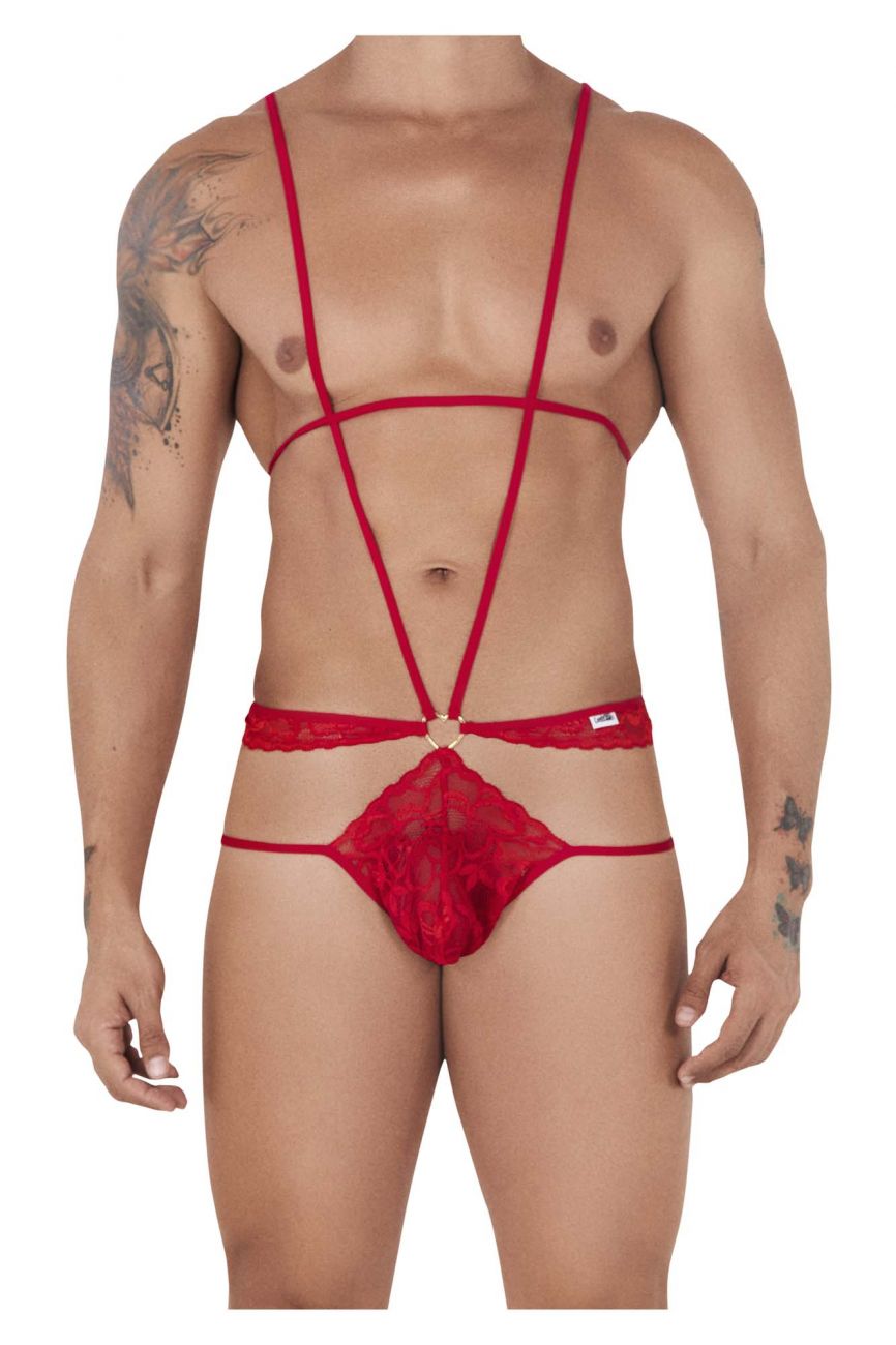 CandyMan 99523 Lace Bodysuit Jockstrap Red