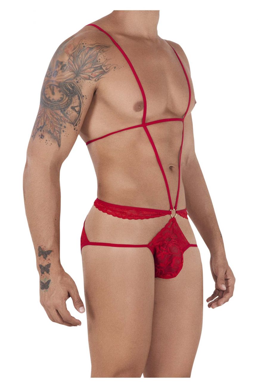 CandyMan 99523 Lace Bodysuit Jockstrap Red