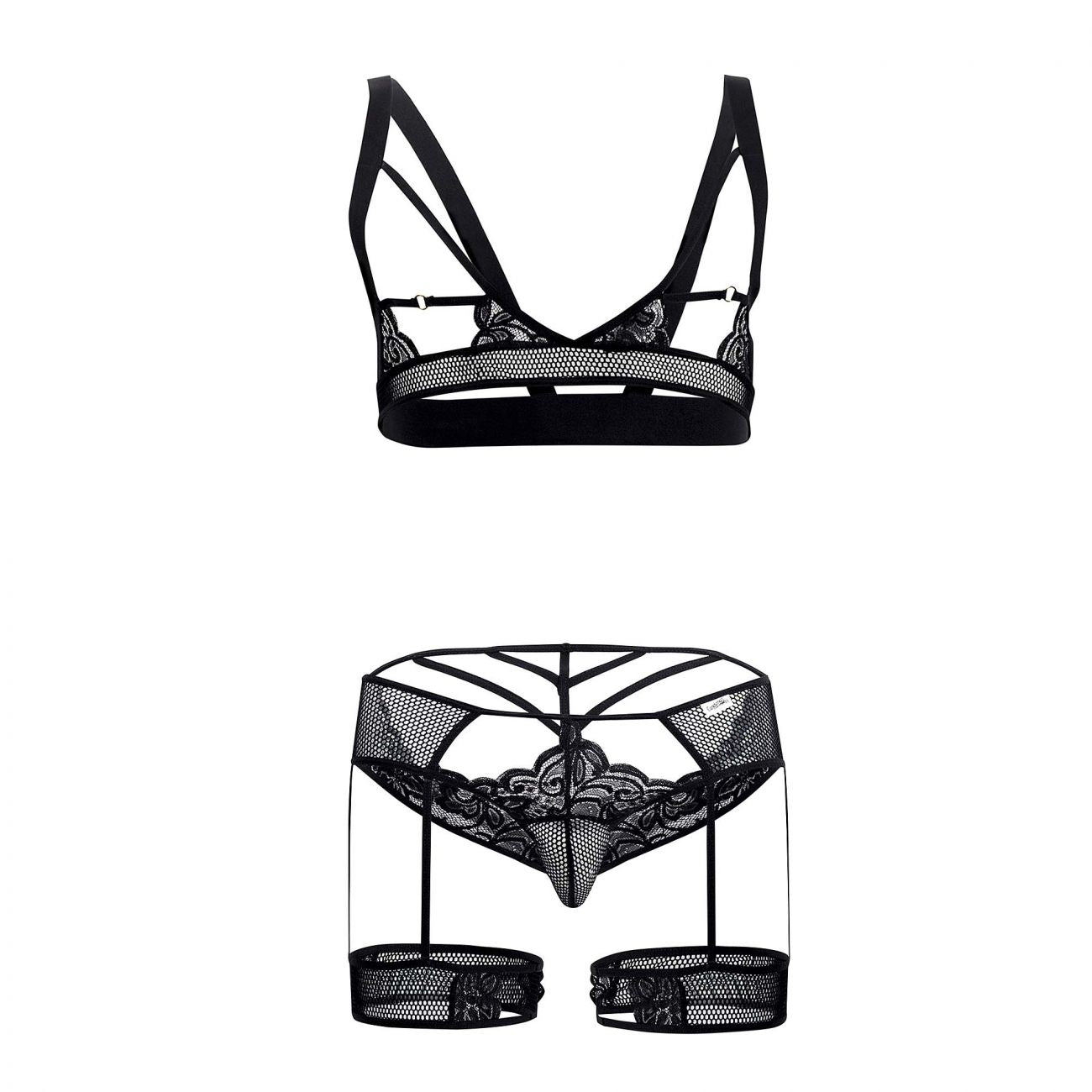 CandyMan 99527 Cut-Out Top and Garter Thongs Set Black