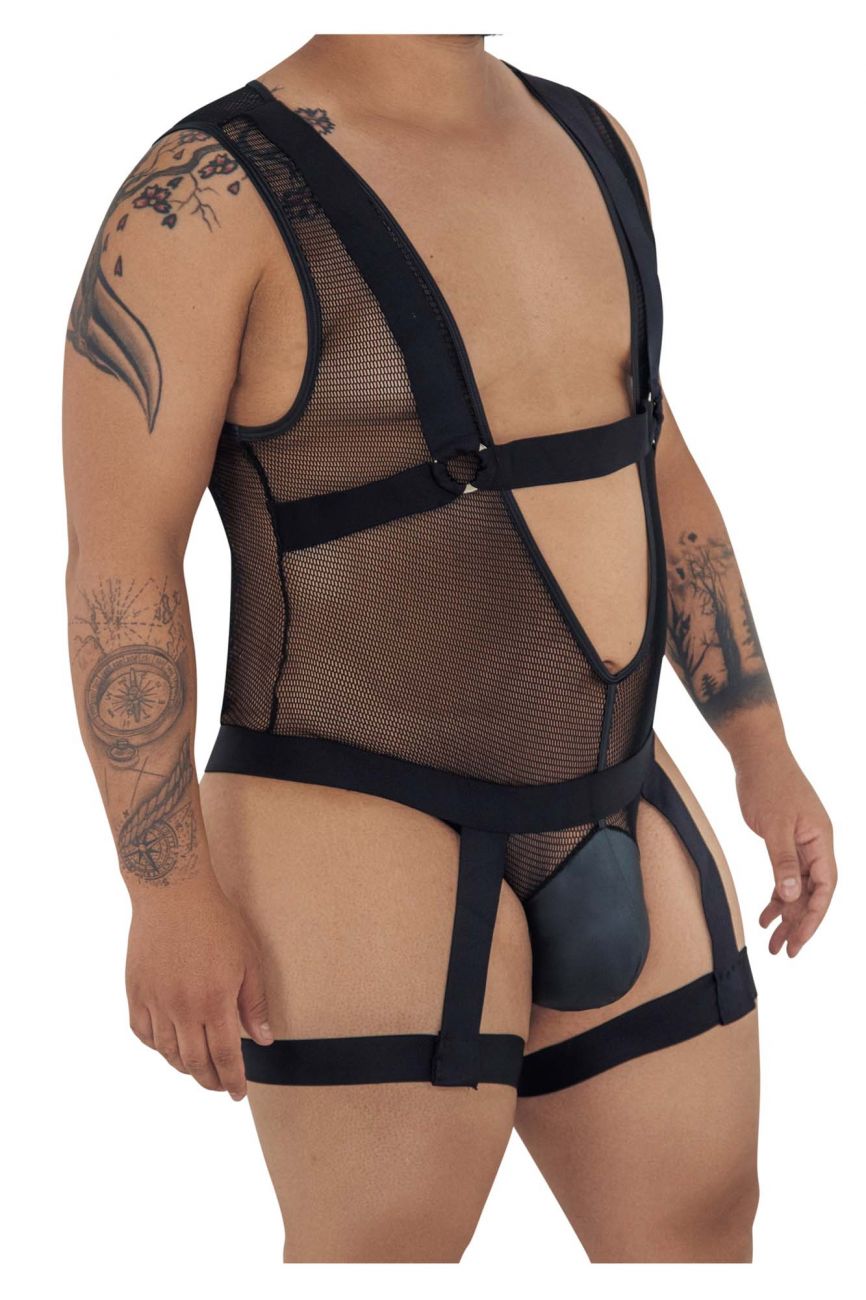 CandyMan 99529X Mesh Garter Bodysuit Black Plus Sizes