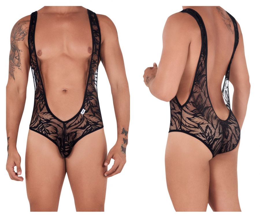 CandyMan 99530 Lace Bodysuit Boyshort Black