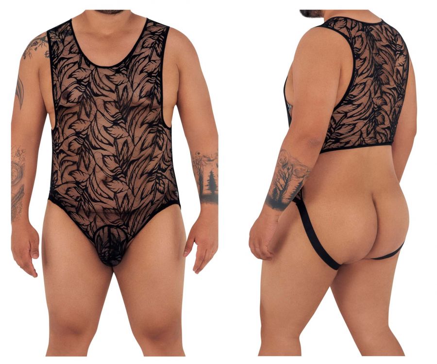CandyMan 99531X Lace Exposed Butt Bodysuit Black Plus Sizes